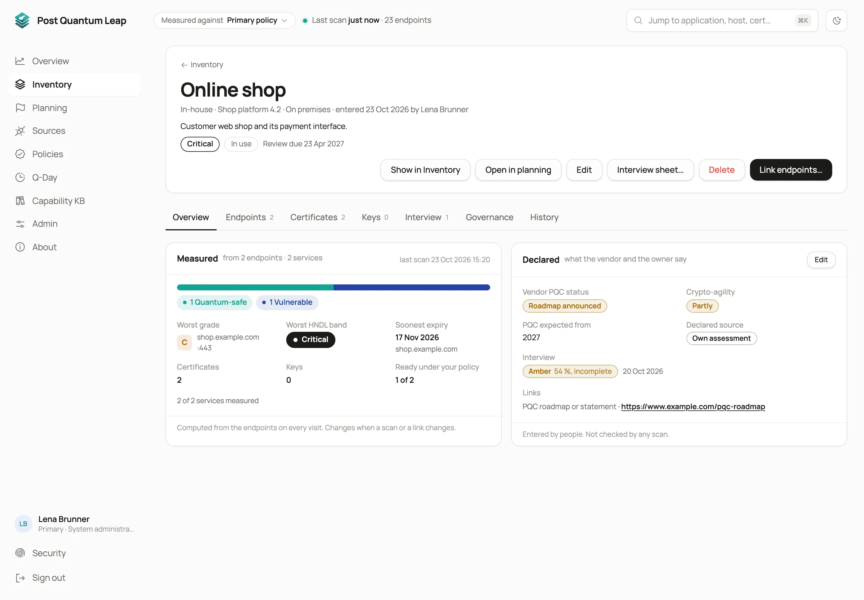 An application’s page: what the scans measured beside what the vendor and the owner declare.