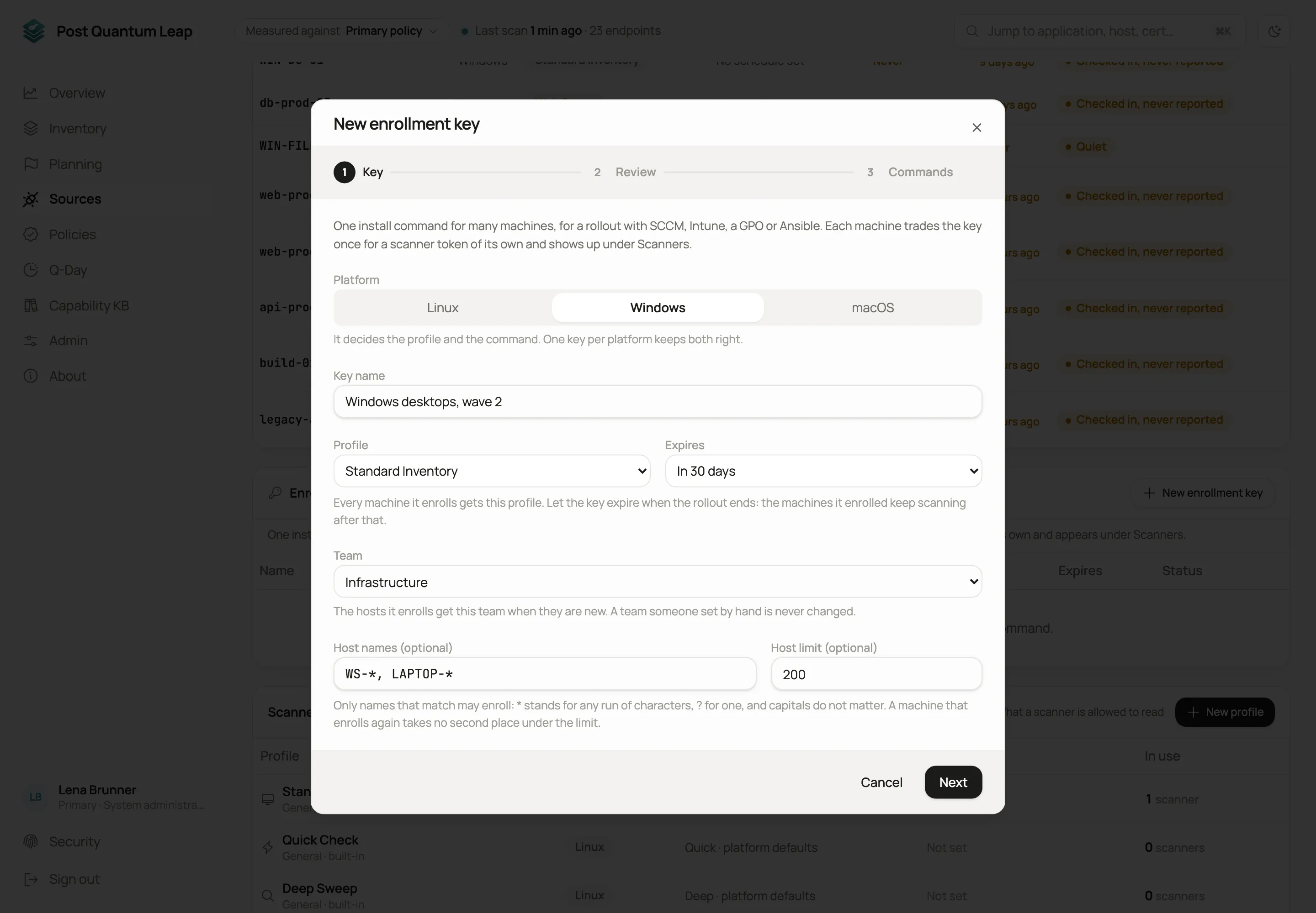 The New enrollment key dialog: platform, profile, expiry, team, host names and a host limit.