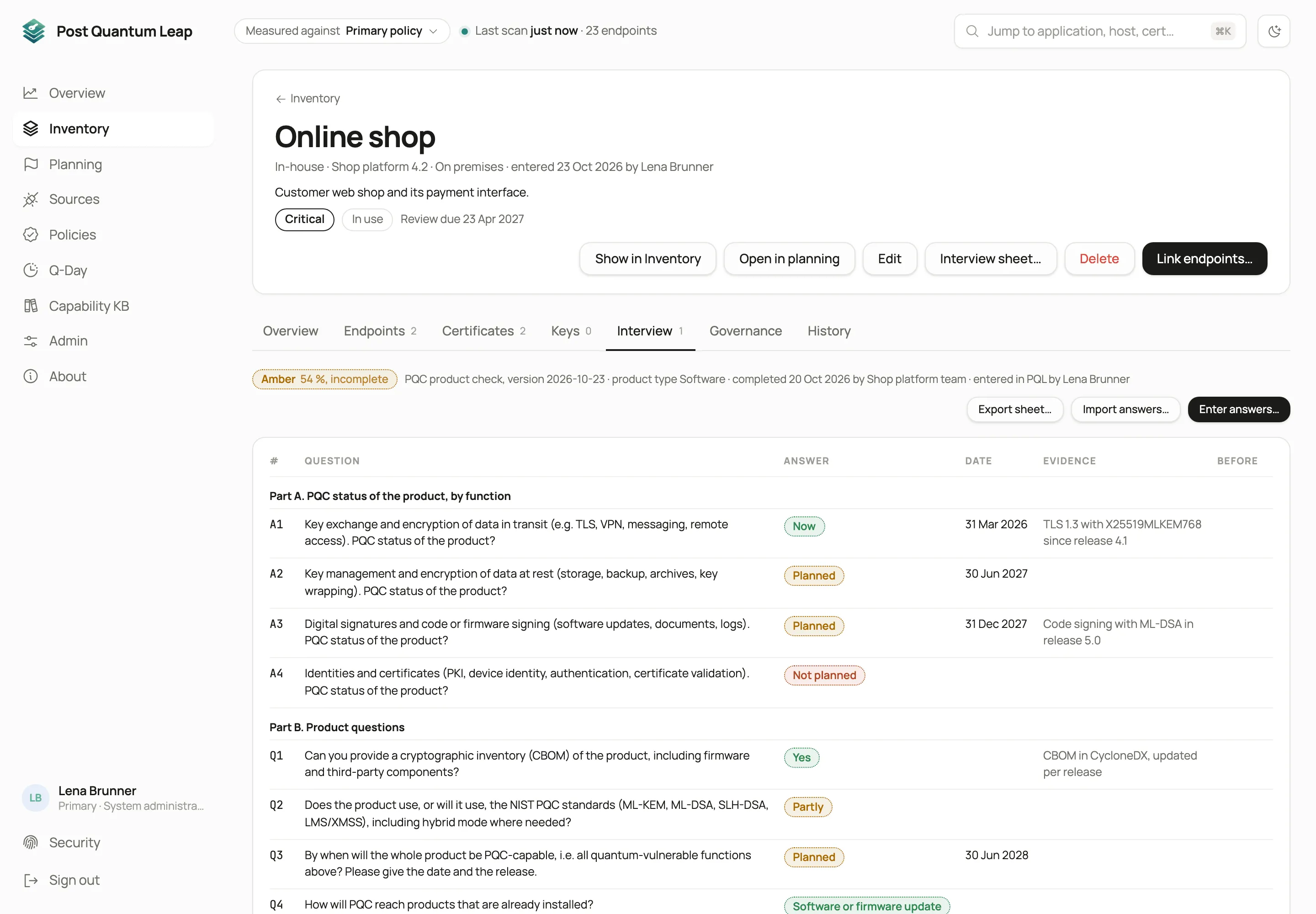 An application’s Interview tab: the vendor’s answers by function, with dates and evidence.