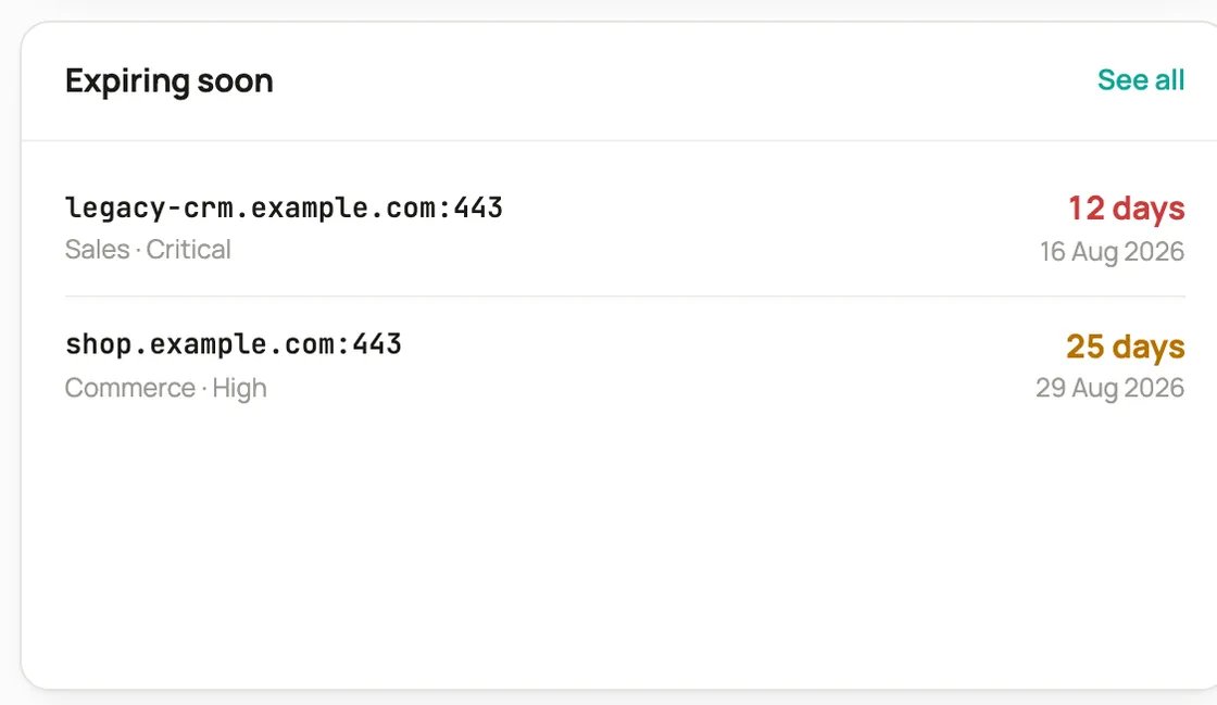 A list of certificates ordered by expiry, one already expired and the rest between 12 and 90 days out, each with its owner and criticality.
