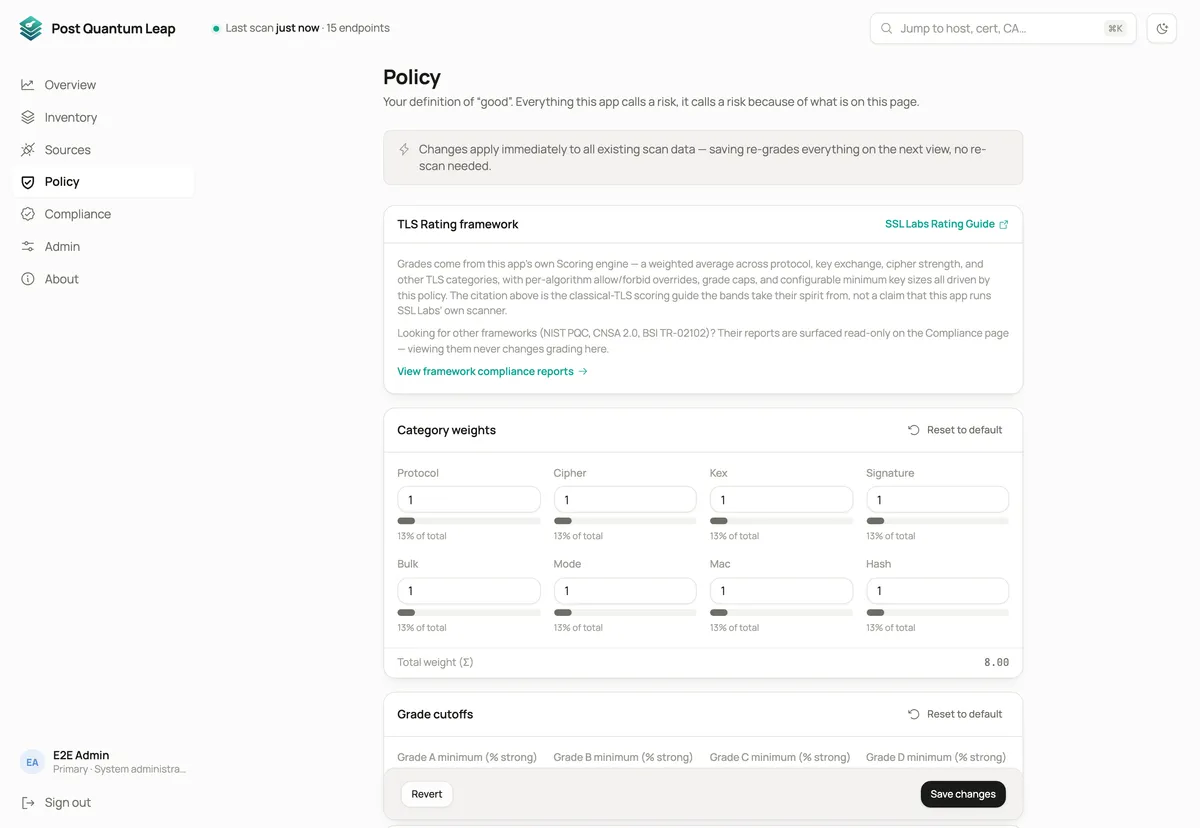 The policy page: a notice that changes re-grade everything without a re-scan, above the rating framework, per-category weights and grade cutoffs.